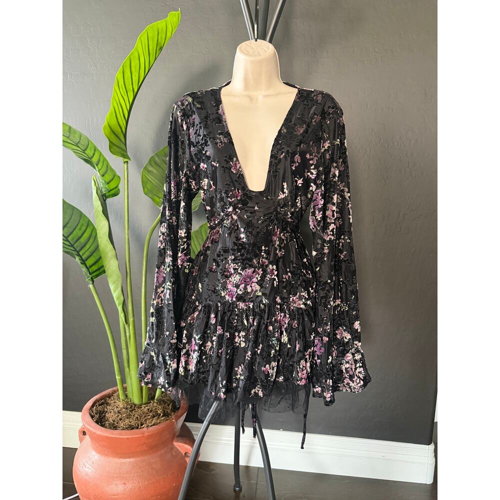 Current Mood Black Floral Mesh Mini Dress Open Back Goth Fairy Size L
